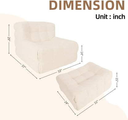 Bean Bag Chair - Memory Foam Bean Bag Chair for Adults, Comfy High-Resilience Single Sofa, Small Space Floor Chair, Chaise Lounge for Living Room, Bedroom (Beige, Square + Ottoman)