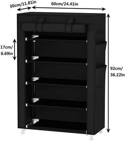 Calmootey 5 Tier Shoe Rack Organizer,Portable Shoe Shelf with Nonwoven Fabric Cover for Closet Hallway,Bedroom,Entryway,Black