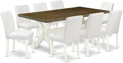 East West Furniture X077AB264-9 9 Piece Dining Room Furniture Set Includes a Rectangle Dining Table with X-Legs and 8 White Faux Leather Upholstered Chairs, 40x72 Inch, Multi-Color