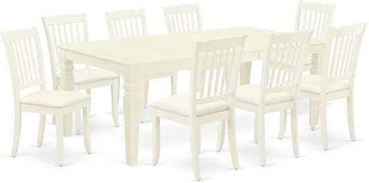 East West Furniture LGDA9-LWH-C 9 Piece Dining Table Set Includes a Rectangle Dinner Table with Butterfly Leaf and 8 Linen Fabric Dining Room Chairs, 42x84 Inch, Linen White