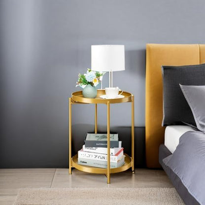 danpinera 2-Tier End Table, Outdoor Side Table Metal Round Side Table with Removable Tray, Small Folding Accent Table, Anti-Rust Nightstand for Bedroom Balcony Patio Living Room (Gold)