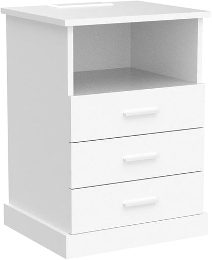 Nightstand with Charging Station, LED Lights Side Table with 3 Drawers, End Table for Bedroom Ofiice White 2 Set
