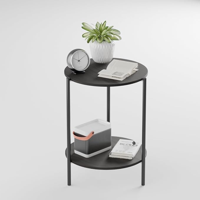 Side Table, Round End Table with 2-Layer Storage Rack, 15.7" Small Spaces Circle Table, Metal Frame Design Small Side Tables, for Living Room, Bedroom, Grey