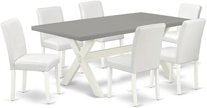 East West Furniture X097AB264-7 7 Piece Dining Table Set Consist of a Rectangle Dining Room Table with X-Legs and 6 White Faux Leather Upholstered Chairs, 40x72 Inch, Multi-Color