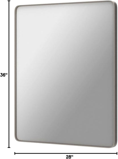 28x36 Inch Brushed Nickel Bathroom Mirror, Brushed Silver Metal Framed Wall Mirror, Rounded Rectangle Bathroom Vanity Mirror, Anti-Rust, Shatterproof (Horizontal/Vertical)