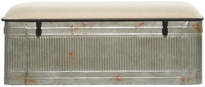 Deco 79 Metal Room Storage Bench Galvanized Entryway Bench with Cream Burlap Top, Bench 50" x 16" x 18", Gray