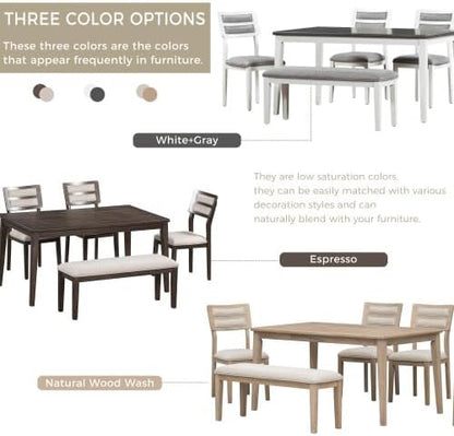 SogesHome Classic 6-Piece Dining Table Set, Rectangular Wooden Kitchen Table with Upholstered Chairs & Bench for Dining Room, Traditional Retro Farmhouse Dining Table for Kitchen, White+Grey