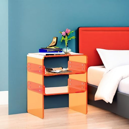 Clear Acrylic 3-Tier End Table/Nightstand – Sleek Bedside Storage with Durable Design, Perfect for Bedrooms, Living Rooms, or Modern Interiors – Ideal as a Bedside Table or Sofa Side Piece (Orange)