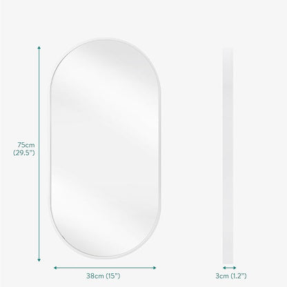 Navaris Oval Wall Mirror - 75 x 38 x 3 cm - Wall Mounted Hanging Mirror with White Rustproof Aluminium Frame - Round Mirror for Bathroom Bedroom Hallway