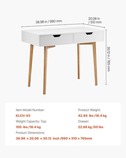 VEVOR Small Desk with Drawers, Kids Desk for Bedroom, Wooden Simple Study Table for Drawing, Reading, Writing, Rectangle MDF Furniture Study Storage Table for Home, Office, White + Wood