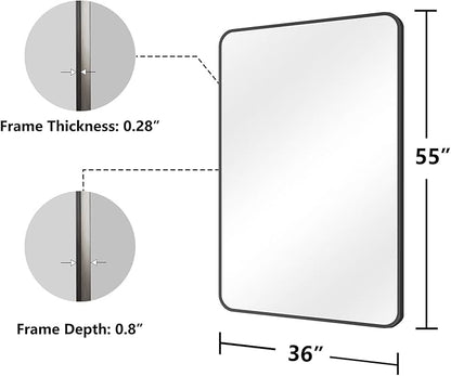 Koonmi Bathroom Mirror, 36X55 Inch Black Metal Framed Mirror for Bathroom, Tempered Glass, Anti-Rust, Rounded Rectangle Mirror for Restroom, Bedroom, Black