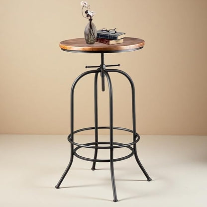 Industrial Bar Table Height Adjustable 37.4-45.3inch Vintage Swivel Pub Tables Solid Wood Top Metal Base with Footrest