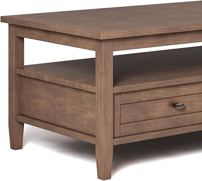 SIMPLIHOME Warm Shaker Coffee Table - 48 inch Wide Solid Wood Cocktail Table in Rustic Natural Aged Brown, Transitional Living Room Table with 2 Storage Drawers and Open Shelf for Sitting Area