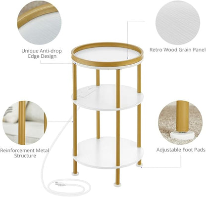 Small Round End Table with Charging Station, 3-Tier Accent Couch Beside Table with USB Ports & Power Outlets, Sofa Side Table for Living Room Small Nightstand Bedroom (USB Charger, White+Gold)