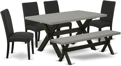 East West Furniture X696DR124-6 6 Piece Dining Set Contains a Rectangle Dining Room Table with X-Legs and 4 Black Color Linen Fabric Parson Chairs with a Bench, 36x60 Inch, Multi-Color