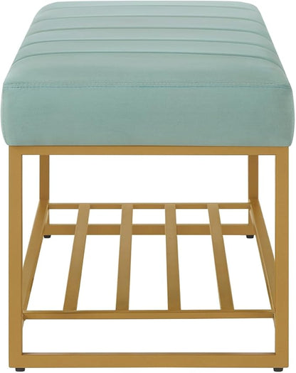 24KF Seaglass Velvet Upholstered End of Bed Bench with Metal Shelf, Modern Tufted Channel Entryway Bench Footboard Bench for Living Room, Bedroom, Gold Bench,5036-Seagalss
