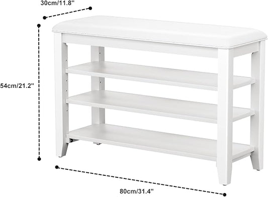 Entryway Shoe Storage Bench with Leather Cushion, Shoe Organizer Bench for Entryway, Ideal for Hallways Front Doors Entrances Mudrooms Featuring Rubberwood And 3 Height-Adjustable & Removable Shelve