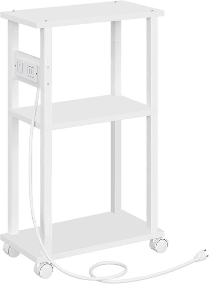 TUTOTAK Small Narrow Side Table with Charging Station, Skinny End Table for Small Spaces, Slim Nightstand with USB Ports and Outlet, Sofa Beside Table with Wheels, White TB01BW046
