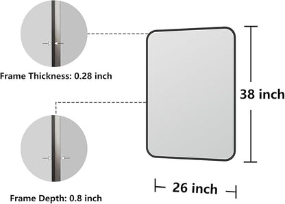 Bathroom Mirror, 26X38 Inch Black Metal Framed Mirror for Bathroom, Tempered Glass, Anti-Rust, Rounded Rectangle Mirror for Restroom, Bedroom, Black