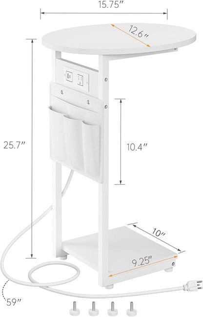 Vagusicc C Shaped End Table with Charging Station, Small Side Table for Couch, TV Tray Slide Under Sofa Table for Living Room and Bedroom, C Table Round Couch Side Table, White