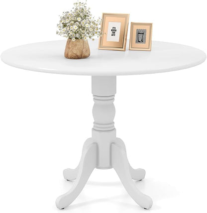 COSTWAY Round Dining Table for 4, 39-inch Wooden Kitchen Table with Solid Rubber Wood Frame, Curved Trestle Legs, Adjustable Foot Pads, Mid Century Rustic Dinning Table for Living Room (White)
