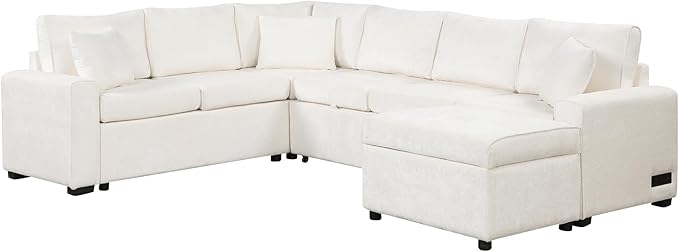 112" Luxurious Pull-out Sofa Bed Sleeper with Storage Ottoman,Sectional Sleeper Couch W/ 3 Pillows,2 USB ports & 2 Power Sockets,Corner Furniture Set for Living Room Large Space,Cream Chenille