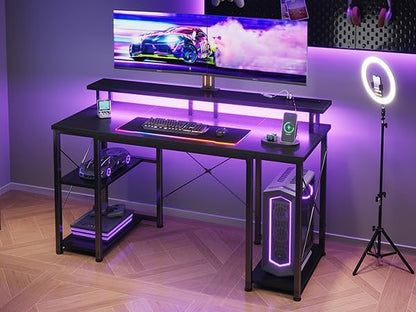 ODK 48 Inches Gaming Desk with LED Lights, Computer Desk with Monitor Stand, Pc Table with CPU Stand, Deep Black