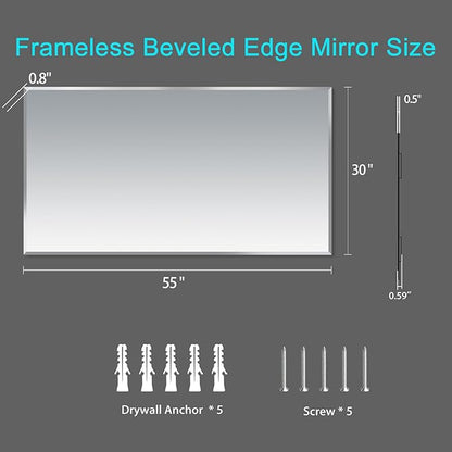Frameless Beveled Edge Bathroom Mirror 55x30 Inch Rectangle Wall Mirror Explosion Proof and Shatterproof Bathroom Vanity Mirror Wall Mounted Hang Firmly (Horizontal or Vertical)