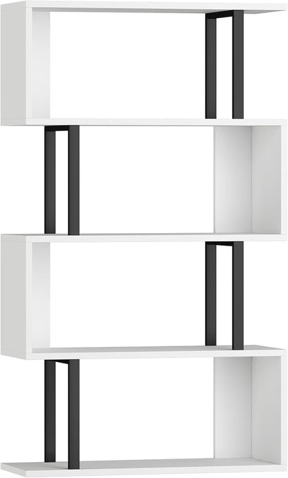 Yusong Geometric Bookcase, S Shaped Bookshelf 4-Tier Book Shelves for Bedroom, Modern Wood Decorative Display Shelf Tall Book Case for Home Office, Black and White