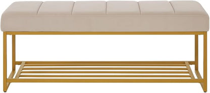 24KF Taupe Velvet Upholstered End of Bed Bench with Metal Shelf, Modern Tufted Channel Entryway Bench Footboard Bench for Living Room, Bedroom, Gold Bench,5036-Taupe
