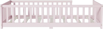 Bellemave Twin Floor Bed with Slats and Safety Guardrails, Kids Montessori Floor Beds with Fence and Without Door, Easy Assemble Floor Bed for Kids, Girls, Boys, Pink