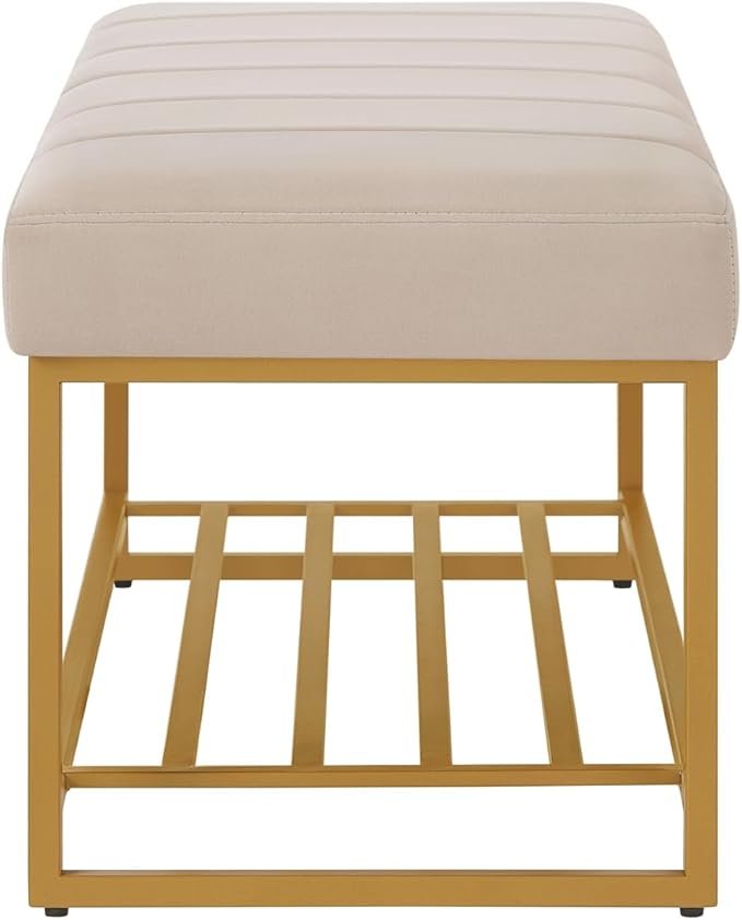 24KF Taupe Velvet Upholstered End of Bed Bench with Metal Shelf, Modern Tufted Channel Entryway Bench Footboard Bench for Living Room, Bedroom, Gold Bench,5036-Taupe