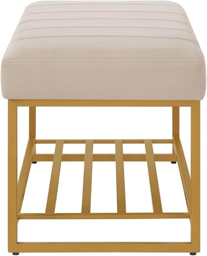 24KF Taupe Velvet Upholstered End of Bed Bench with Metal Shelf, Modern Tufted Channel Entryway Bench Footboard Bench for Living Room, Bedroom, Gold Bench,5036-Taupe