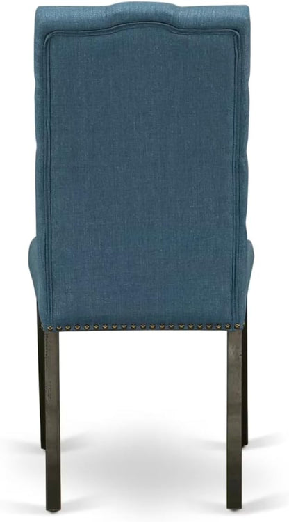 East West Furniture V627EL121-7 7 Piece Modern Dining Table Set Consist of a Rectangle Wooden Table with V-Legs and 6 Blue Linen Fabric Upholstered Chairs, 40x72 Inch, Multi-Color