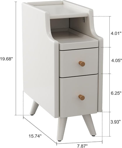 Small Nightstand with Drawers, Solid Wood Bedside Table, Narrow White Nightstand for Bedroom