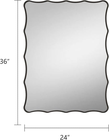 24x36 Matte Black Mirror, Black Metal Vanity Mirror for Wall, Rectangle Bathroom Mirror with Wavy Frame, Anti-Rust(Horizontal/Vertical)