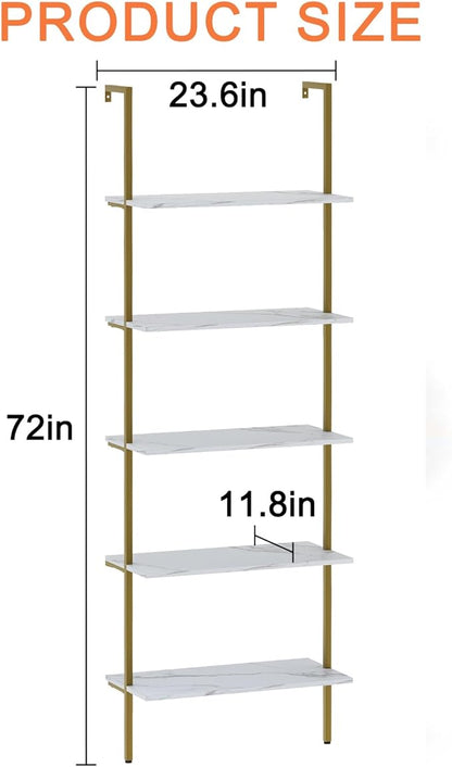 5 Tiers Ladder Shelf White Marble Modern Bookshelf Open Tall Wall Mount Bookcase Standing Leaning Wall Shelves Industrial Decorative