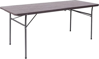 Flash Furniture Elijah 6-Foot Bi-Fold Brown Wood Grain Plastic Folding Table with Carrying Handle