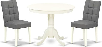 East West Furniture ANAS3-LWH-41 3 Piece Kitchen Table Set consists A Wooden Table and 2 Platinum Gray Polyester Fabric Person Chairs with Stylish Back- Linen White Finish