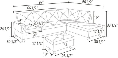 Brown L-Shaped 3-Piece Corduroy Fabric Sofa with Storage Ottoman Set, Sectional Couch Sofa Set for Living Room, Office, Small Space