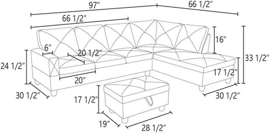 Brown L-Shaped 3-Piece Corduroy Fabric Sofa with Storage Ottoman Set, Sectional Couch Sofa Set for Living Room, Office, Small Space