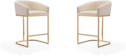 Manhattan Comfort Louvre 26 Inch Mid Century Modern Counter Height Bar Stools - Elegant Faux Leather Padded Seat, Stainless Steel Base with Footrest, Fully Assembled Barstools, Set of 2, Cream