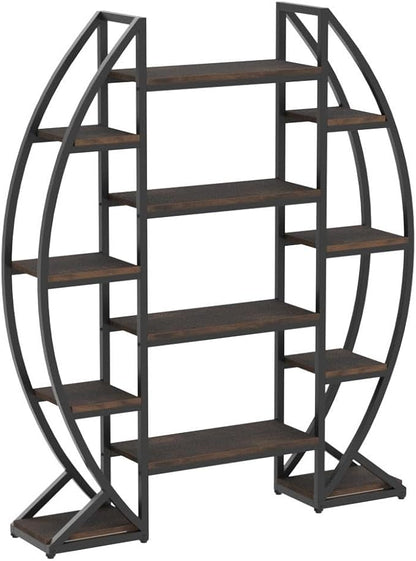 Tribesigns Oval Bookshelf, Triple Wide 5 Tier Etagere Bookcase, Industrial Display Shelves for Living Room (Brown, 55")