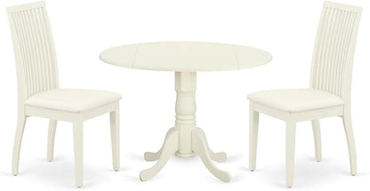 East West Furniture DLIP3-WHI-C 3 Piece Kitchen Table Set for Small Spaces Contains a Round Dining Table with Dropleaf and 2 Linen Fabric Dining Room Chairs, 42x42 Inch, Linen White