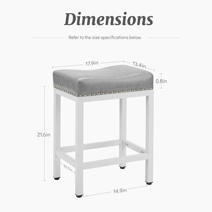 Counter Stools Set of 2 Upholstered Counter Height Bar Stools with Padded Seats and Metal Base, Leather Saddle Stool for Modern Kitchen Island, 22.4-Inch, Grey