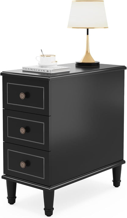 Tribesigns Solid Wood End Table, Fully Assembled Narrow Side Table with Drawers, Pre-Assembled Nightstand Slim Bedside Table for Small Spaces, Living Room, Bedroom, Black