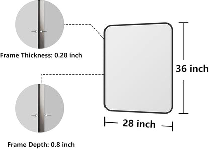 Bathroom Mirror, 28X36 Inch Black Metal Framed Mirror for Bathroom, Tempered Glass, Anti-Rust, Rounded Rectangle Mirror for Restroom, Bedroom, Black