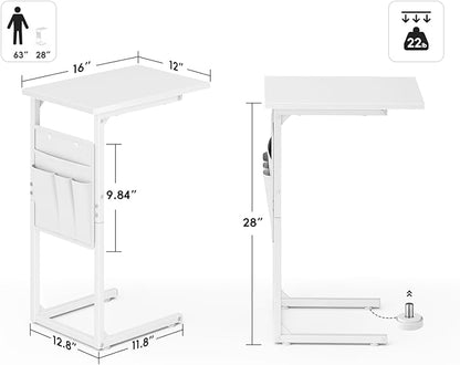 Vagusicc C Shaped End Table, Small Side Table for Couch, Couch Side Table Arm C Table for Sofa, TV Tray Slide Under Sofa Drink Table with Metal Frame for Living Room, Bedroom, Bedside, White