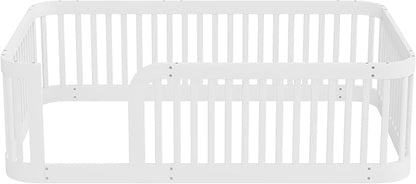 Full Floor Bed with High Fence and Rounded Corner Design, Montessori Floor Bed Frame with Guardrail and Entrance, Easy Assemble Montessori Bedd Full Size, White