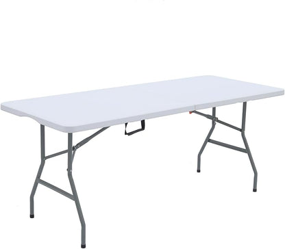 Folding Table 6ft Plastic Folding Table Indoor & Outdoor for Picnic, Camping,BBQ and Party, with Powder Coated Steel Legs and Built in Carry Handle, White